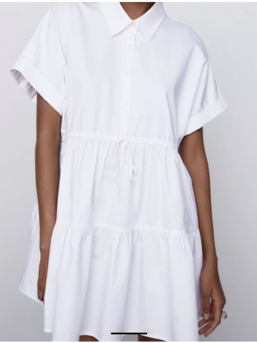 White Zara babydoll shirt dress tiered skirt drawstring waist size XS cotton